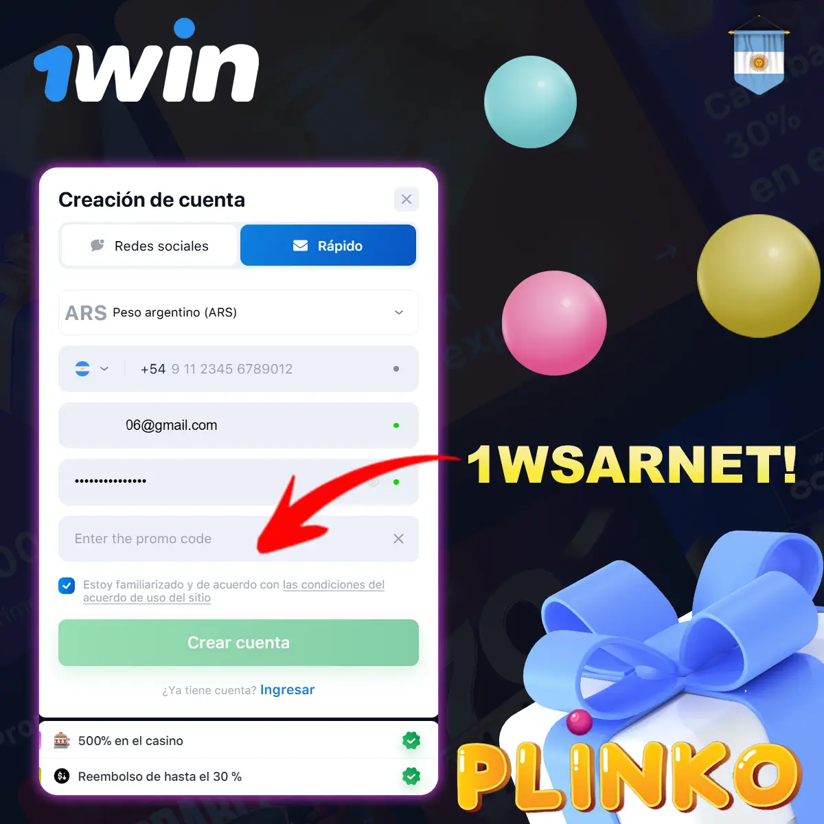 Codigo promocional Plinko1Win