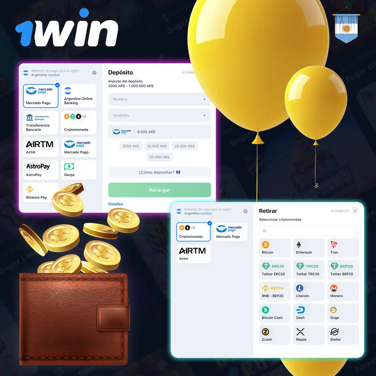 Métodos de retiro y depósito en 1win Balloon Argentina